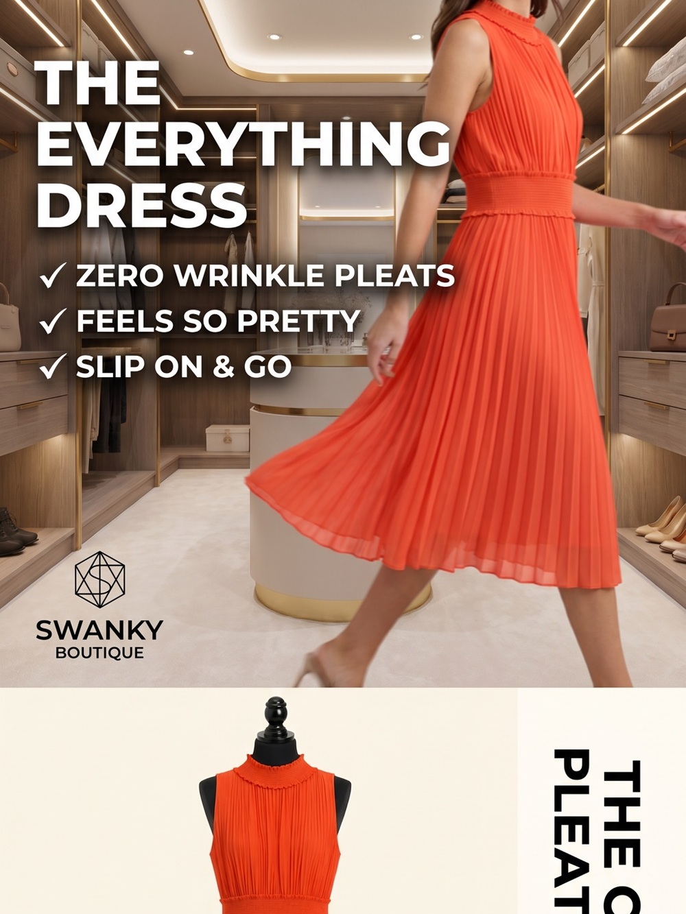 Swanky Boutique Coral Pleated Midi Dress